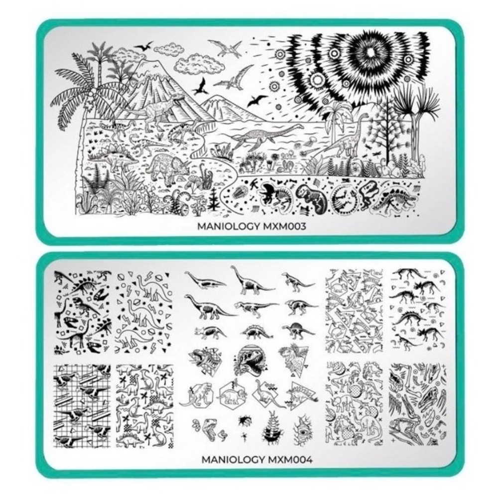 HTF Maniology nail art stamping plates MXM003 & MXM004 dinosaur Fossilized NEW